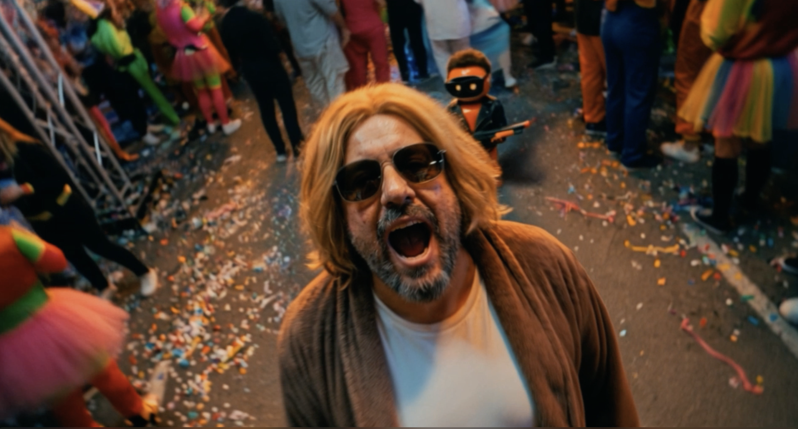 José Luis ante una multitud de carnaval; Robot Claude aparece al fondo