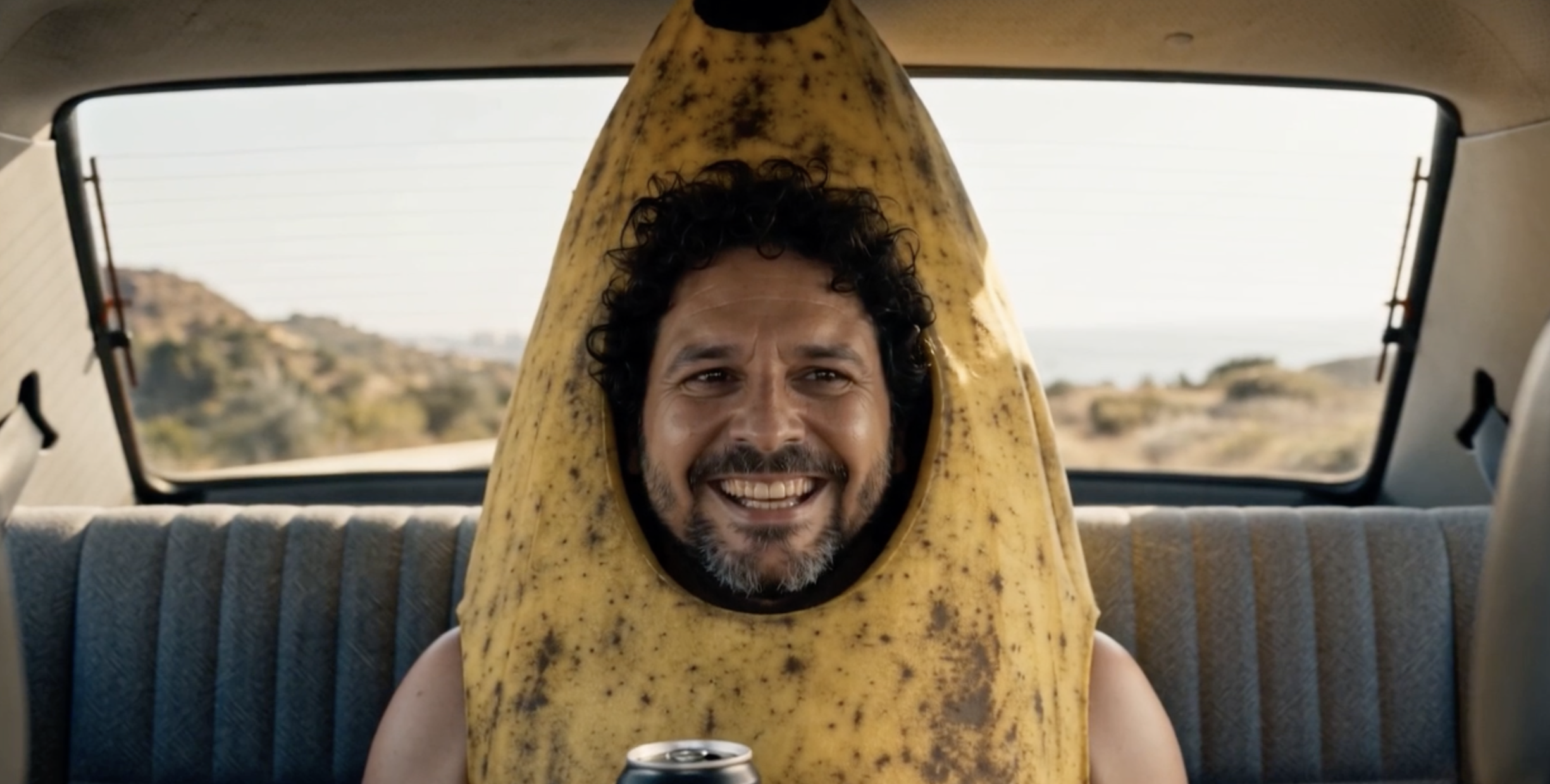 El Plátano viaja sonriente en el asiento trasero de un coche