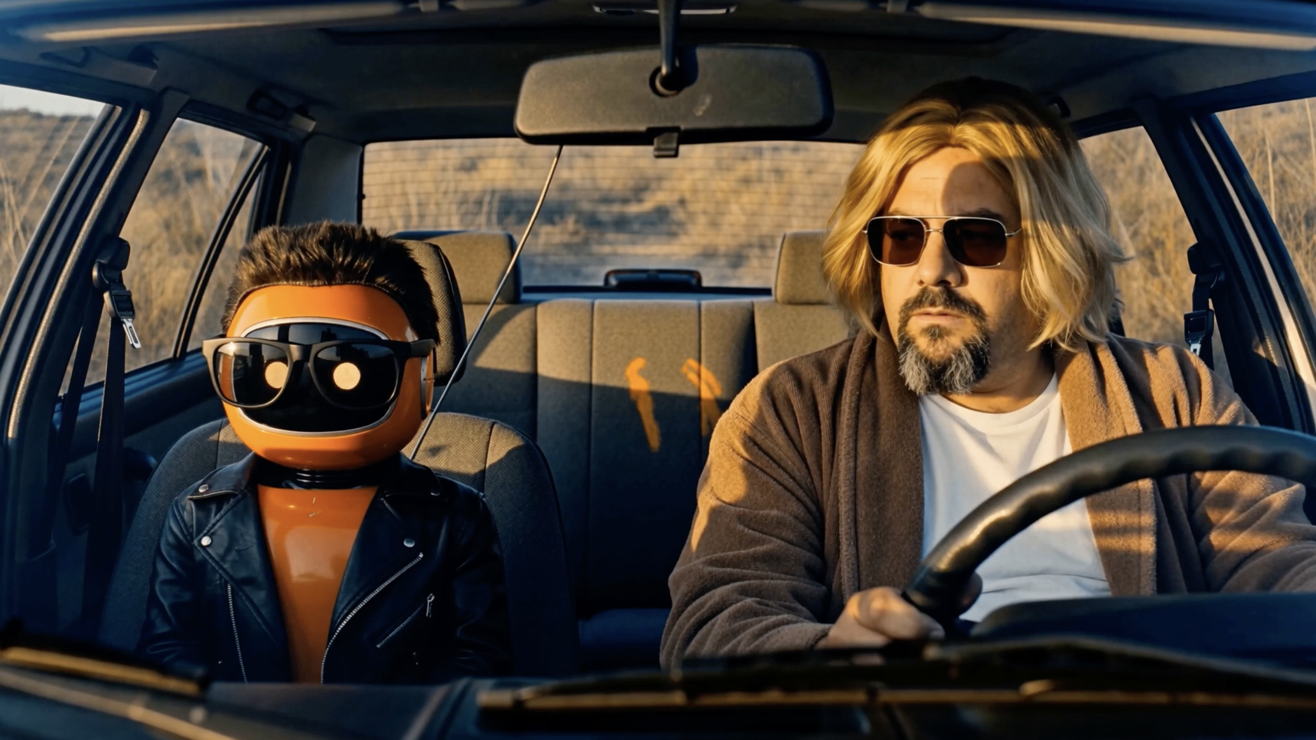 José Luis conduce mientras Robot Claude viaja en el asiento del copiloto