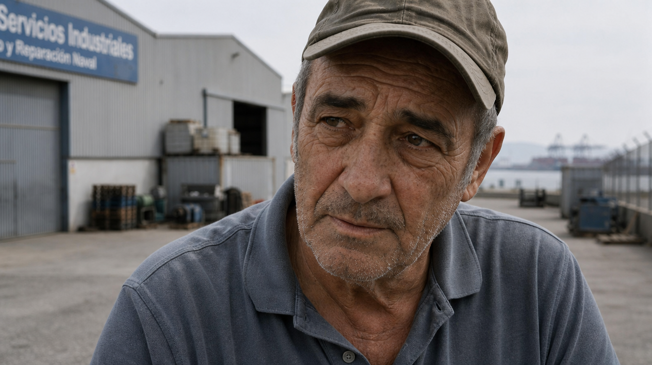 Juan mira a cámara frente a un entorno industrial